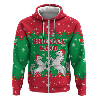 Christmas Burkina Faso Zip Hoodie Snowflake Horses and Coat of Arms - African Pride