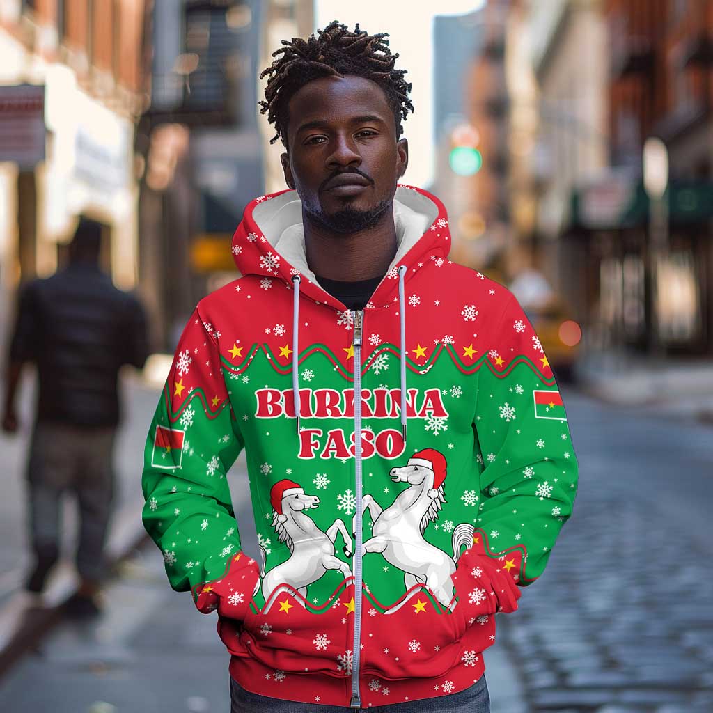 Christmas Burkina Faso Zip Hoodie Snowflake Horses and Coat of Arms - African Pride