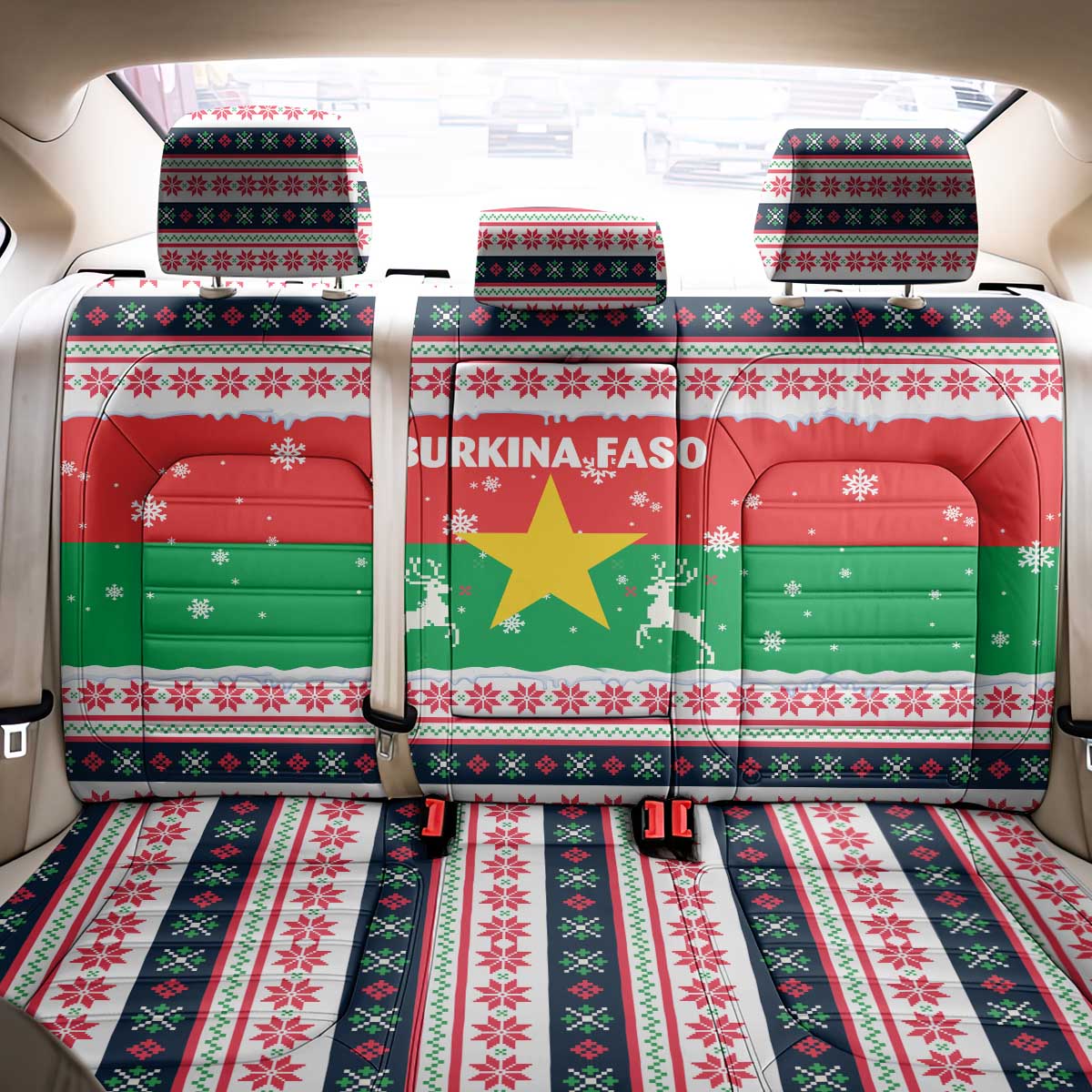 Christmas Burkina Faso Back Car Seat Cover Reindeer Star Design - African Pride
