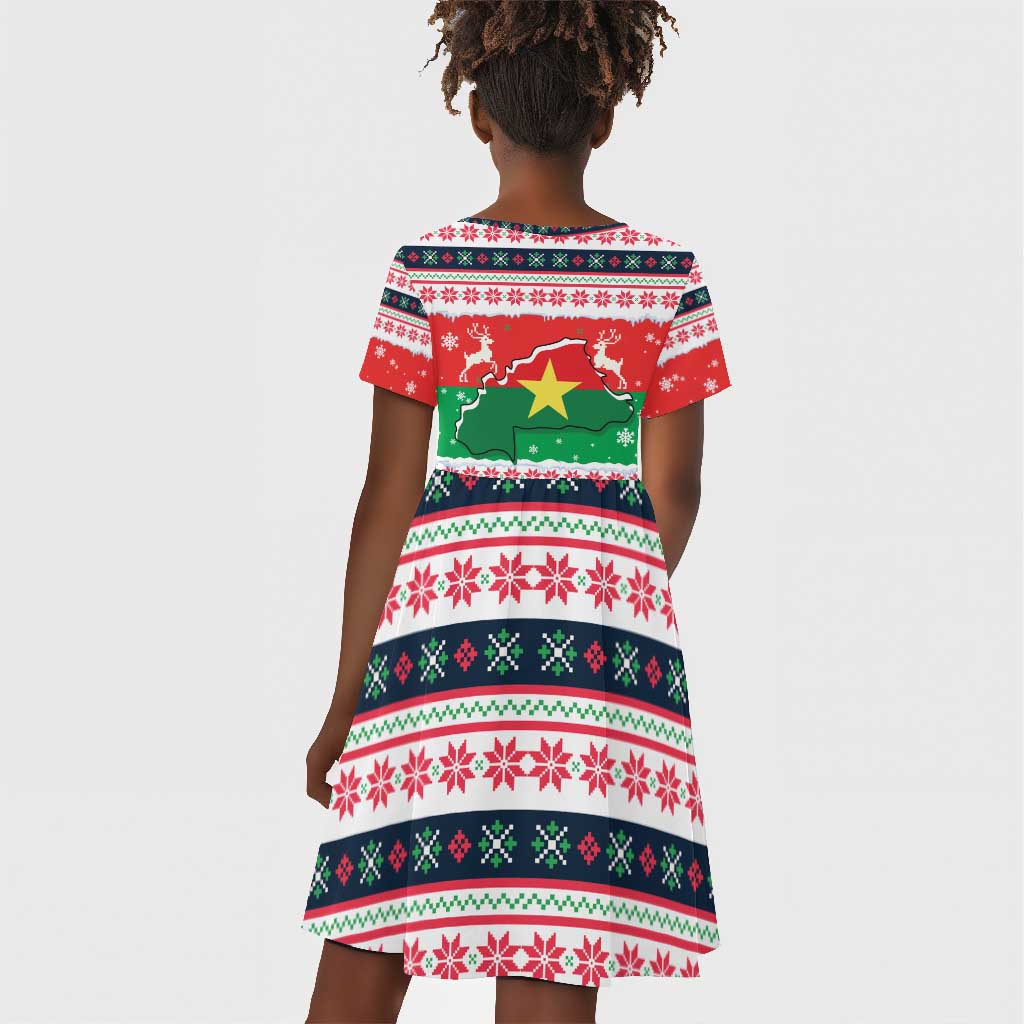 Christmas Burkina Faso Kid Short Sleeve Dress Reindeer Star Design - African Pride