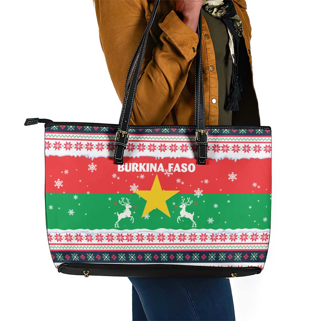 Christmas Burkina Faso Leather Tote Bag Reindeer Star Design - African Pride