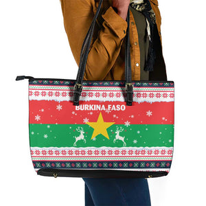Christmas Burkina Faso Leather Tote Bag Reindeer Star Design - African Pride