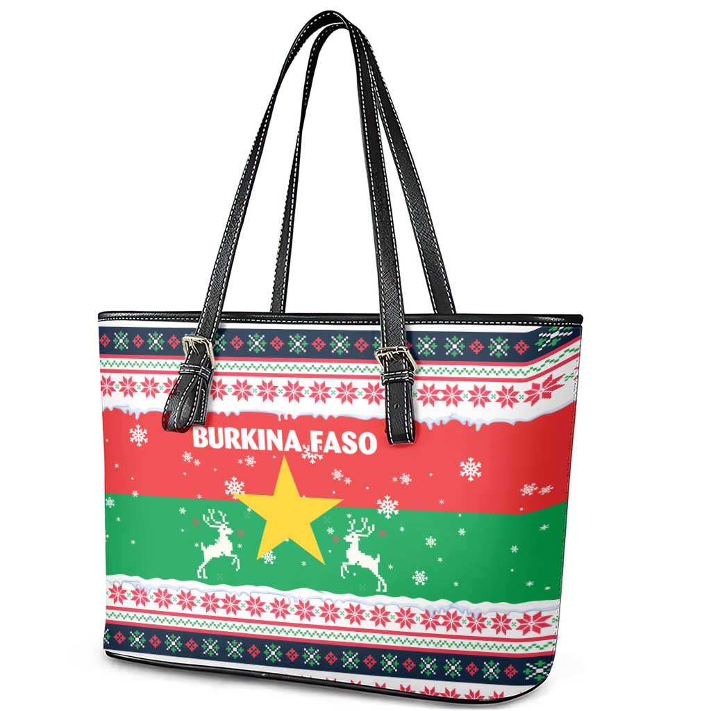 Christmas Burkina Faso Leather Tote Bag Reindeer Star Design - African Pride