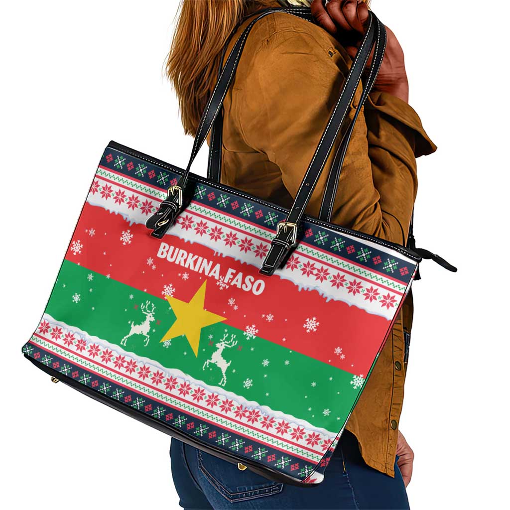 Christmas Burkina Faso Leather Tote Bag Reindeer Star Design - African Pride