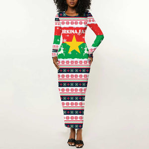 Christmas Burkina Faso Long Sleeve Bodycon Dress Reindeer Star Design - African Pride