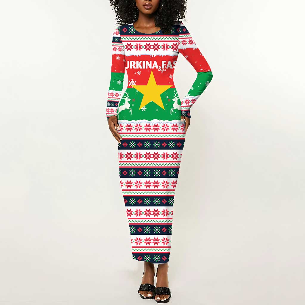 Christmas Burkina Faso Long Sleeve Bodycon Dress Reindeer Star Design - African Pride