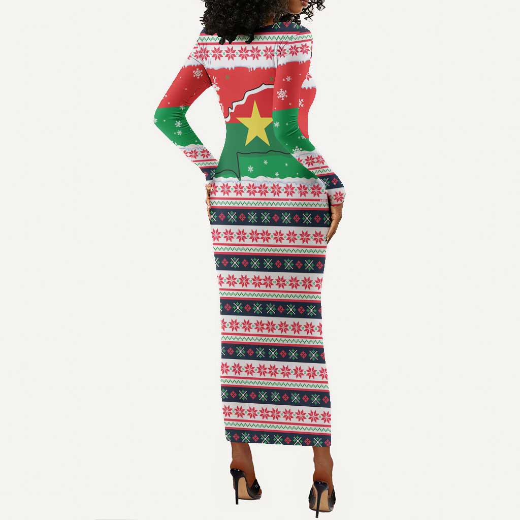 Christmas Burkina Faso Long Sleeve Bodycon Dress Reindeer Star Design - African Pride