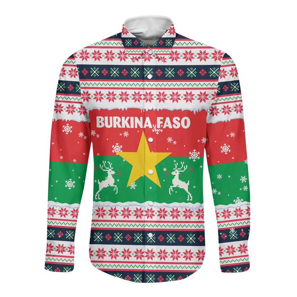 Christmas Burkina Faso Long Sleeve Button Shirt Reindeer Star Design - African Pride