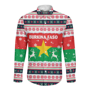 Christmas Burkina Faso Long Sleeve Button Shirt Reindeer Star Design - African Pride