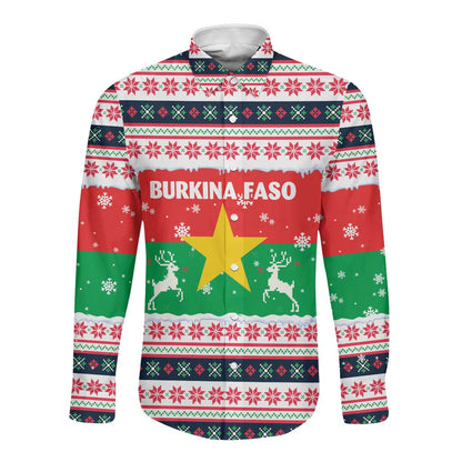 Christmas Burkina Faso Long Sleeve Button Shirt Reindeer Star Design - African Pride