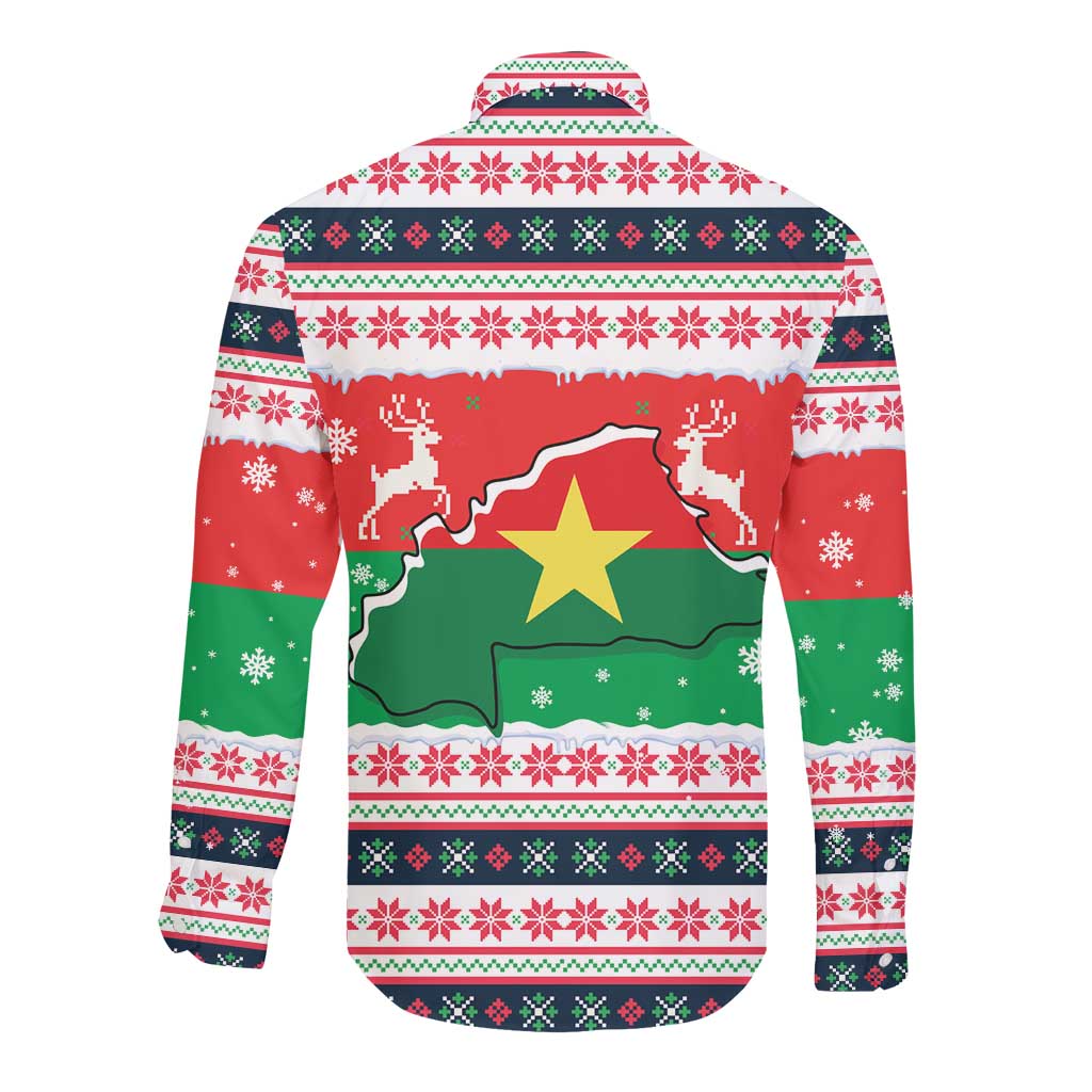 Christmas Burkina Faso Long Sleeve Button Shirt Reindeer Star Design - African Pride