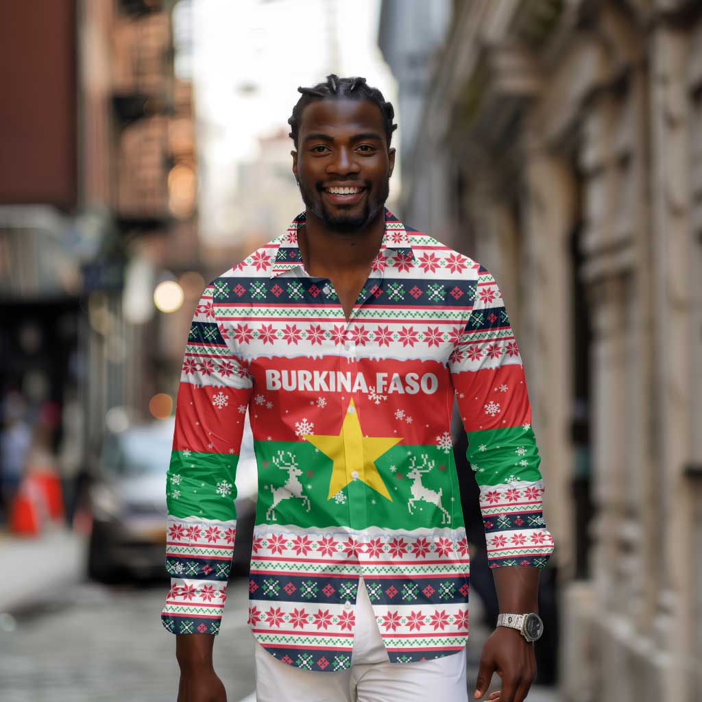 Christmas Burkina Faso Long Sleeve Button Shirt Reindeer Star Design - African Pride