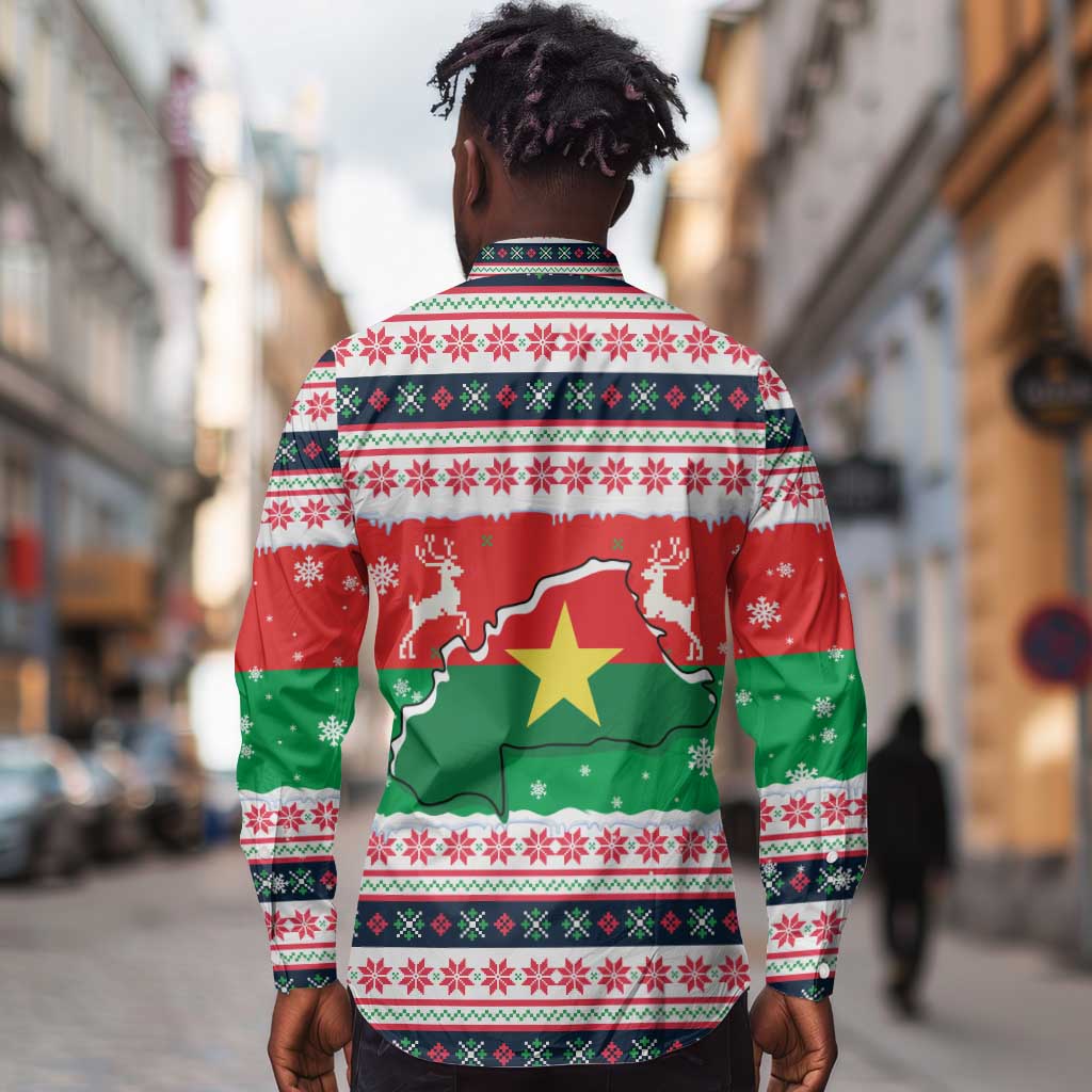 Christmas Burkina Faso Long Sleeve Button Shirt Reindeer Star Design - African Pride