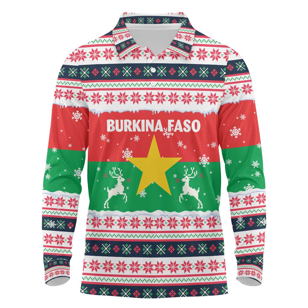 Christmas Burkina Faso Long Sleeve Polo Shirt Reindeer Star Design - African Pride