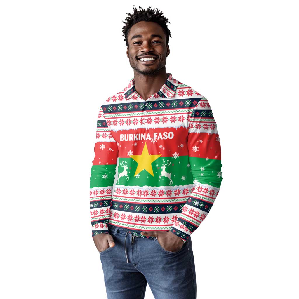 Christmas Burkina Faso Long Sleeve Polo Shirt Reindeer Star Design - African Pride
