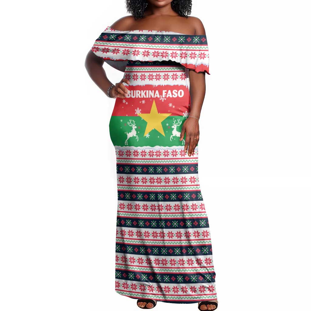 Christmas Burkina Faso Off Shoulder Maxi Dress Reindeer Star Design - African Pride