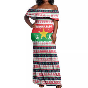 Christmas Burkina Faso Off Shoulder Maxi Dress Reindeer Star Design - African Pride