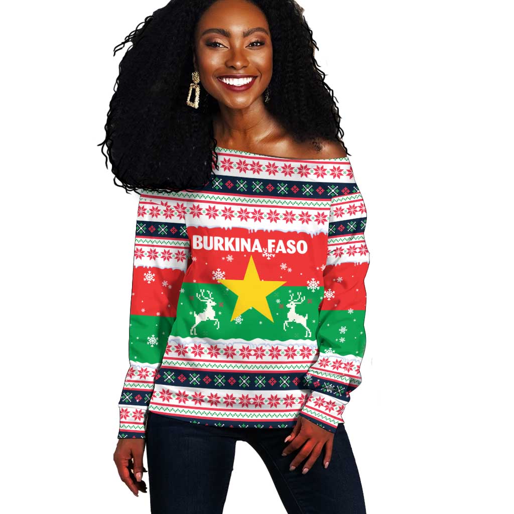 Christmas Burkina Faso Off Shoulder Sweater Reindeer Star Design - African Pride
