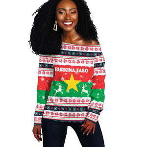 Christmas Burkina Faso Off Shoulder Sweater Reindeer Star Design - African Pride