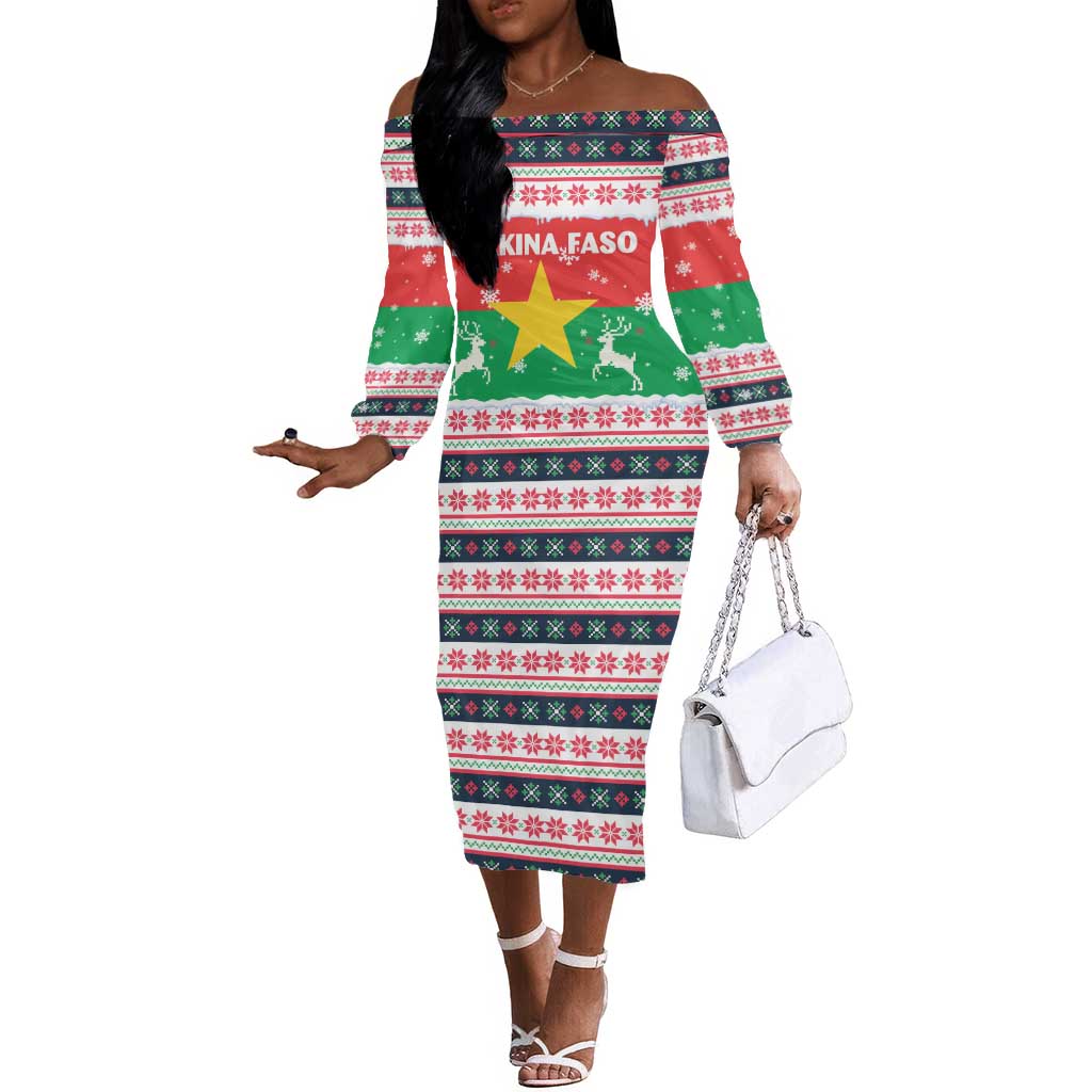 Christmas Burkina Faso Off The Shoulder Long Sleeve Dress Reindeer Star Design - African Pride