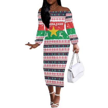 Christmas Burkina Faso Off The Shoulder Long Sleeve Dress Reindeer Star Design - African Pride