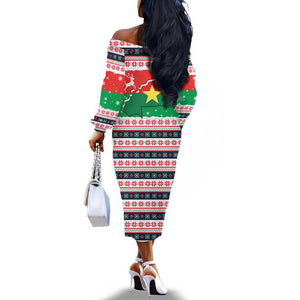 Christmas Burkina Faso Off The Shoulder Long Sleeve Dress Reindeer Star Design - African Pride
