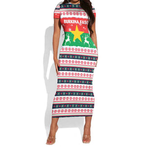 Christmas Burkina Faso Short Sleeve Bodycon Dress Reindeer Star Design - African Pride