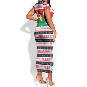 Christmas Burkina Faso Short Sleeve Bodycon Dress Reindeer Star Design - African Pride