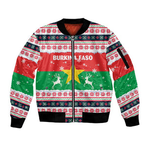 Christmas Burkina Faso Sleeve Zip Bomber Jacket Reindeer Star Design - African Pride