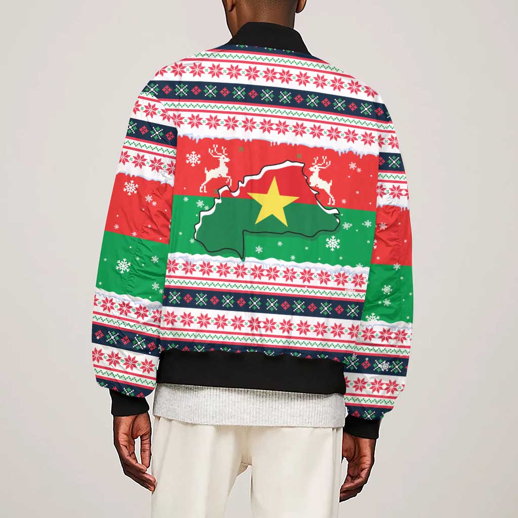 Christmas Burkina Faso Sleeve Zip Bomber Jacket Reindeer Star Design - African Pride