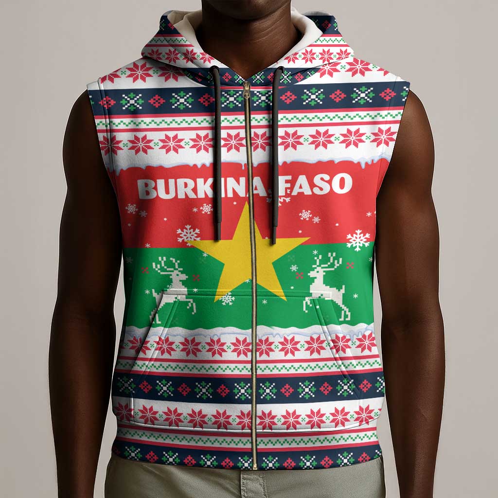 Christmas Burkina Faso Sleeveless Zip Hoodie Reindeer Star Design - African Pride