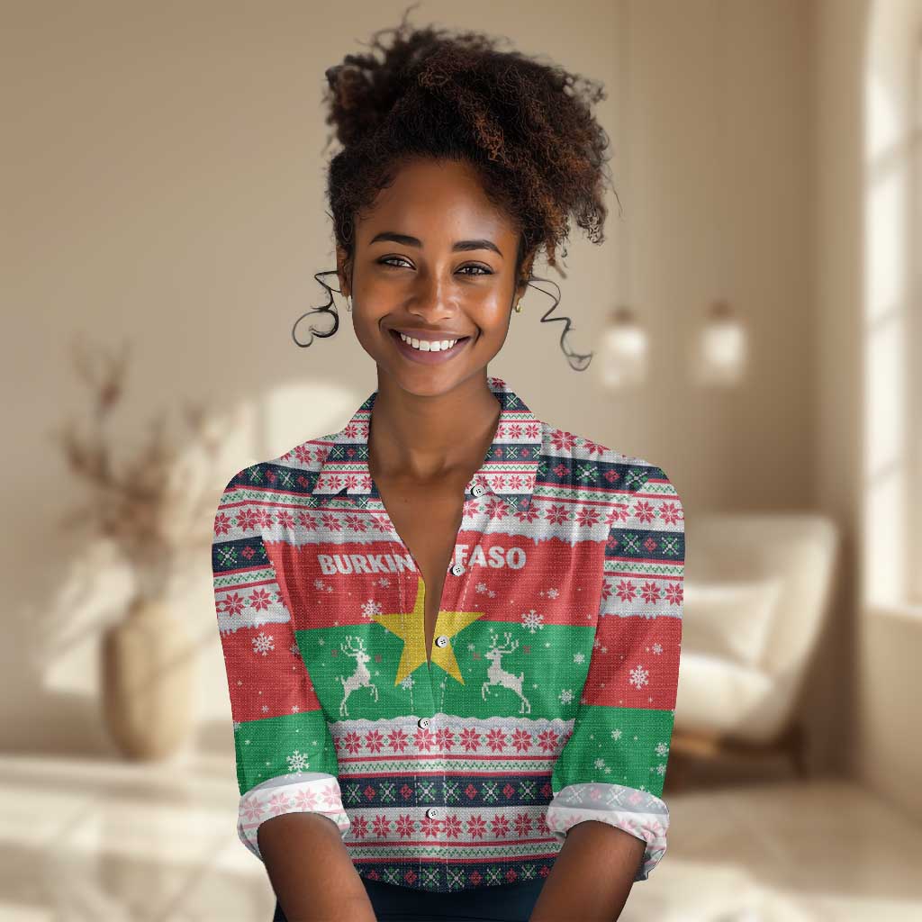 Christmas Burkina Faso Women Casual Shirt Reindeer Star Design - African Pride