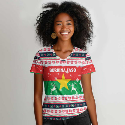 Christmas Burkina Faso Women V-Neck T-Shirt Reindeer Star Design - African Pride