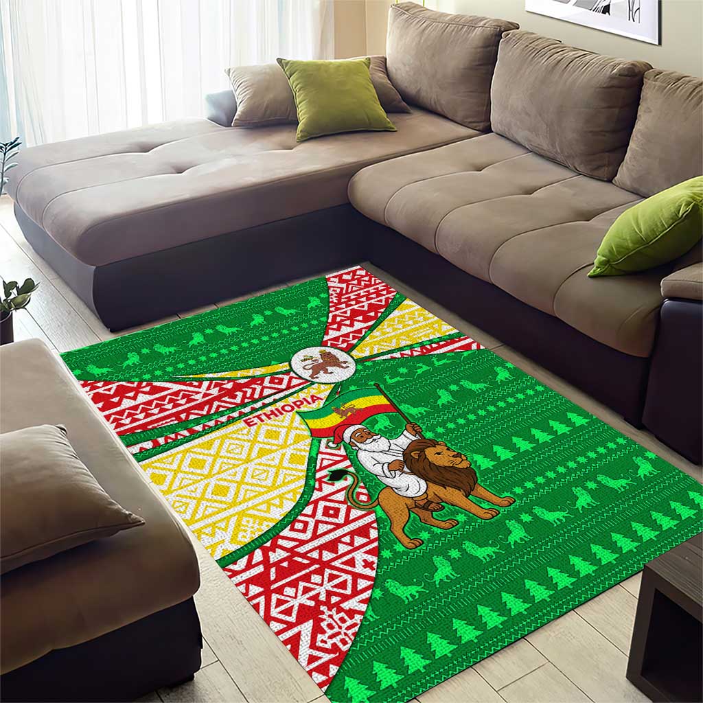 Ethiopia Christmas Area Rug Santa Riding Lion Ethiopian Flag Colors and Tribal - African Pride