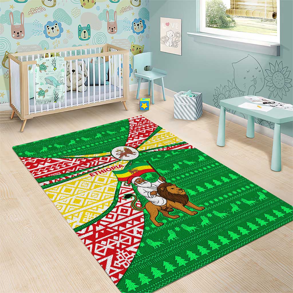 Ethiopia Christmas Area Rug Santa Riding Lion Ethiopian Flag Colors and Tribal - African Pride