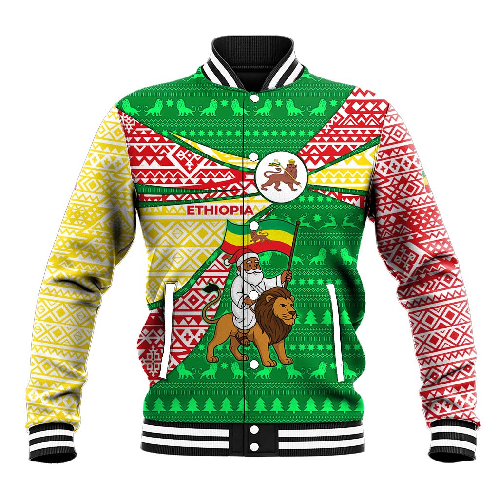 Ethiopia Christmas Baseball Jacket Santa Riding Lion Ethiopian Flag Colors and Tribal - African Pride