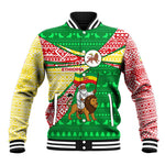 Ethiopia Christmas Baseball Jacket Santa Riding Lion Ethiopian Flag Colors and Tribal - African Pride