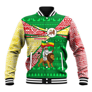 Ethiopia Christmas Baseball Jacket Santa Riding Lion Ethiopian Flag Colors and Tribal - African Pride