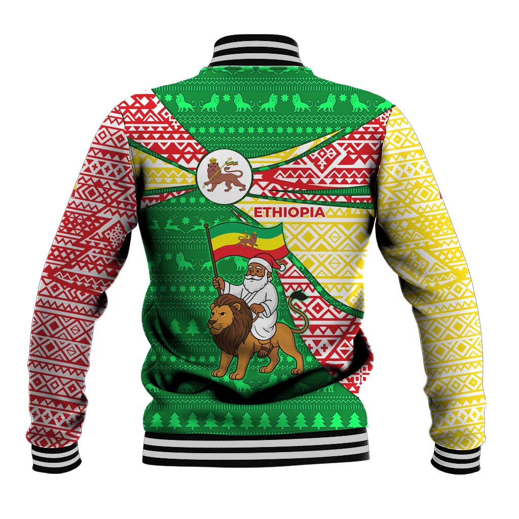 Ethiopia Christmas Baseball Jacket Santa Riding Lion Ethiopian Flag Colors and Tribal - African Pride