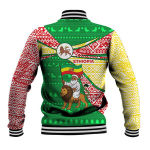 Ethiopia Christmas Baseball Jacket Santa Riding Lion Ethiopian Flag Colors and Tribal - African Pride