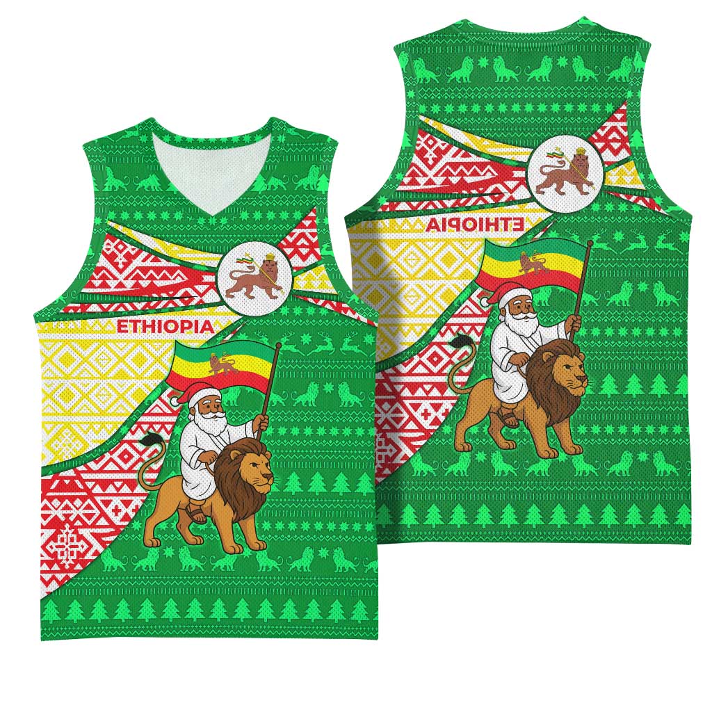 Ethiopia Christmas Basketball Jersey Santa Riding Lion Ethiopian Flag Colors and Tribal - African Pride