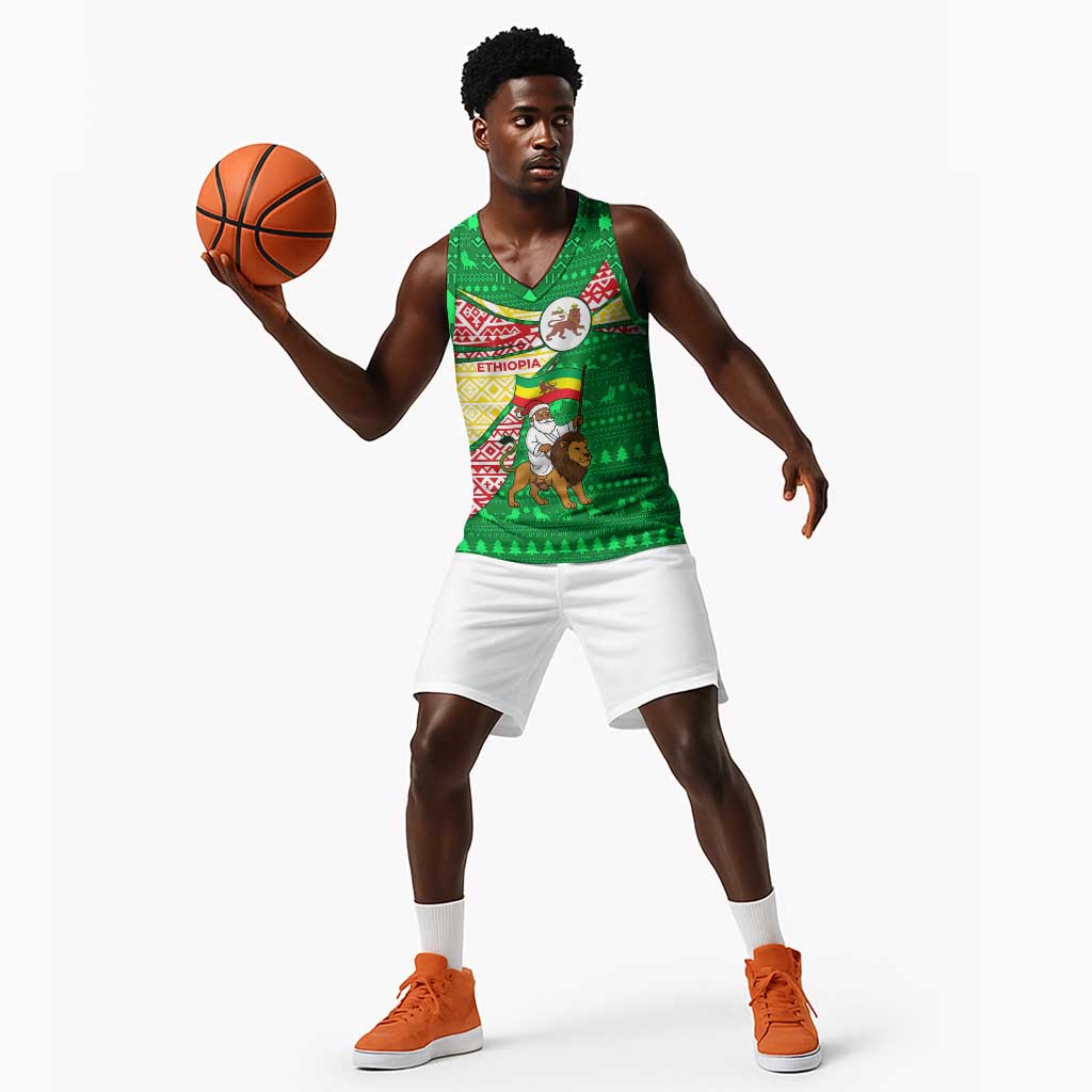 Ethiopia Christmas Basketball Jersey Santa Riding Lion Ethiopian Flag Colors and Tribal - African Pride