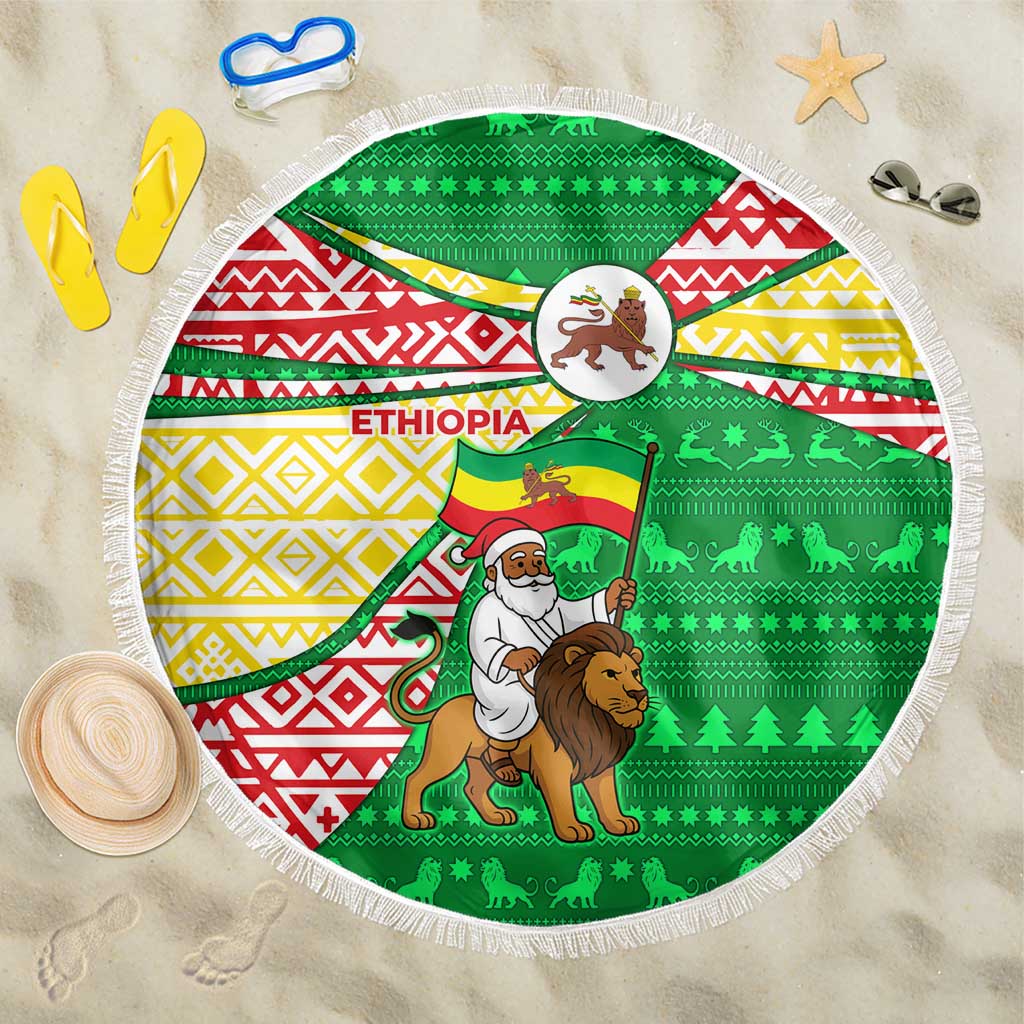 Ethiopia Christmas Beach Blanket Santa Riding Lion Ethiopian Flag Colors and Tribal - African Pride