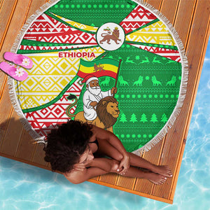 Ethiopia Christmas Beach Blanket Santa Riding Lion Ethiopian Flag Colors and Tribal - African Pride