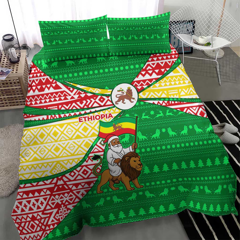 Ethiopia Christmas Bedding Set Santa Riding Lion Ethiopian Flag Colors and Tribal - African Pride