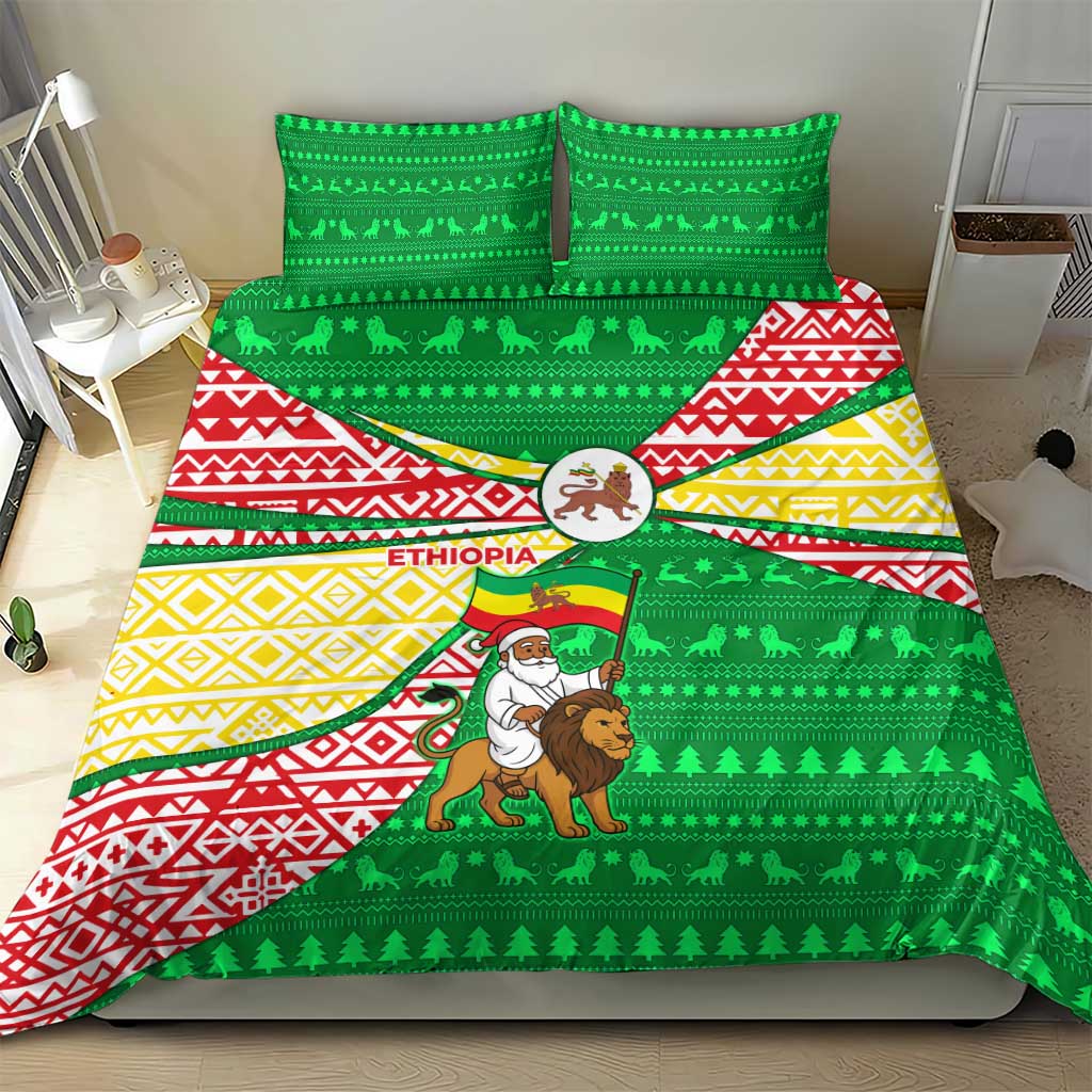 Ethiopia Christmas Bedding Set Santa Riding Lion Ethiopian Flag Colors and Tribal - African Pride