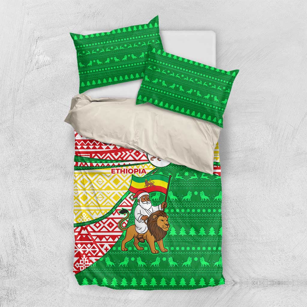 Ethiopia Christmas Bedding Set Santa Riding Lion Ethiopian Flag Colors and Tribal - African Pride