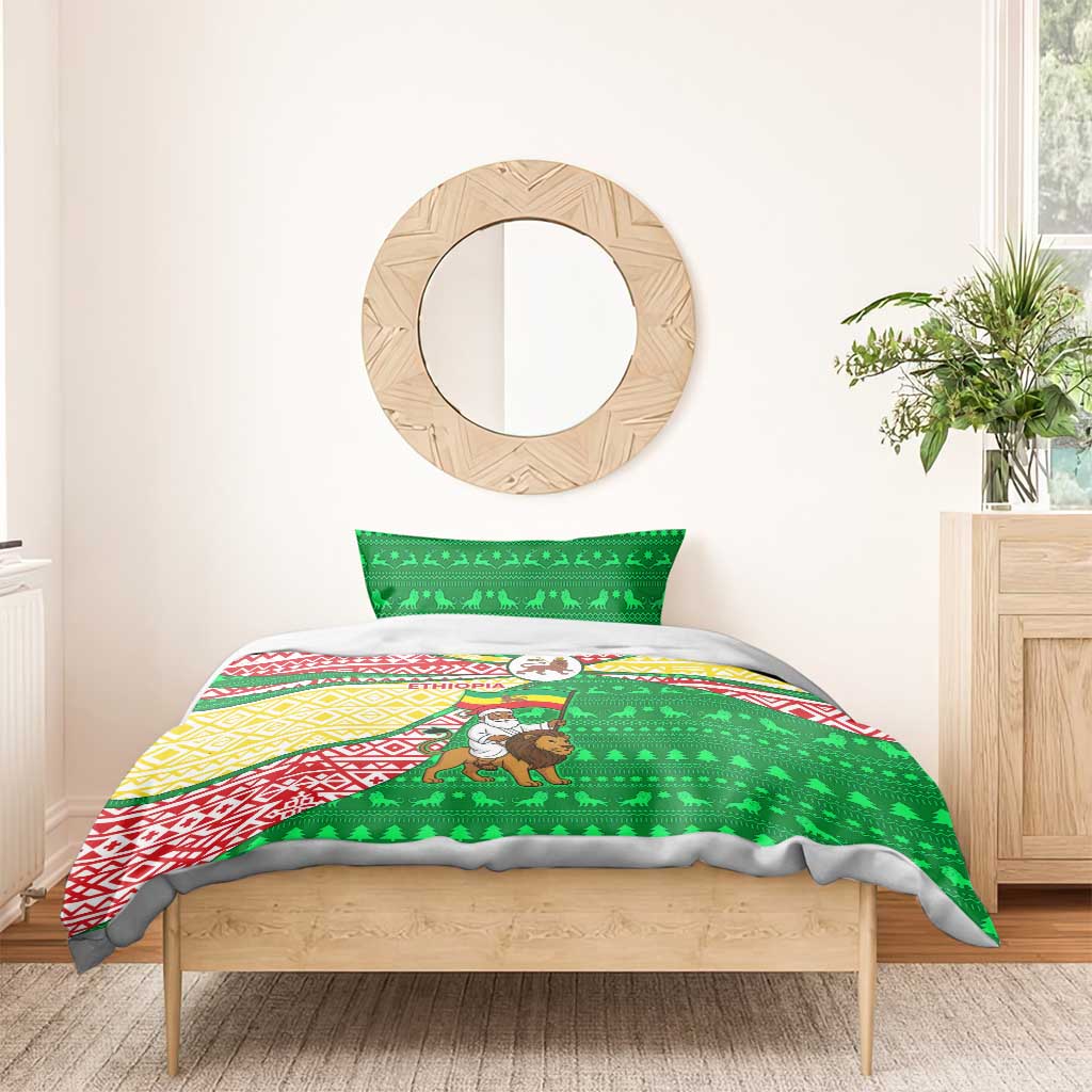 Ethiopia Christmas Bedding Set Santa Riding Lion Ethiopian Flag Colors and Tribal - African Pride
