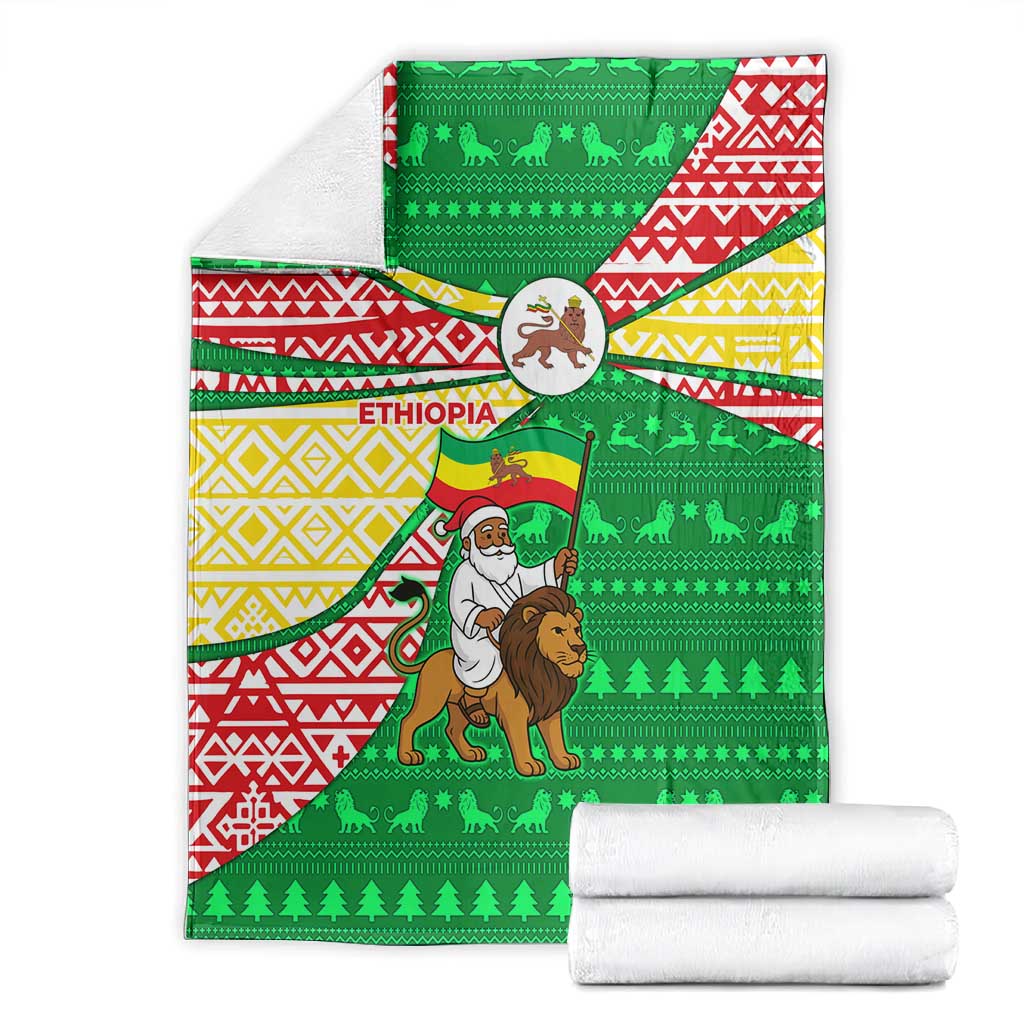 Ethiopia Christmas Blanket Santa Riding Lion Ethiopian Flag Colors and Tribal - African Pride