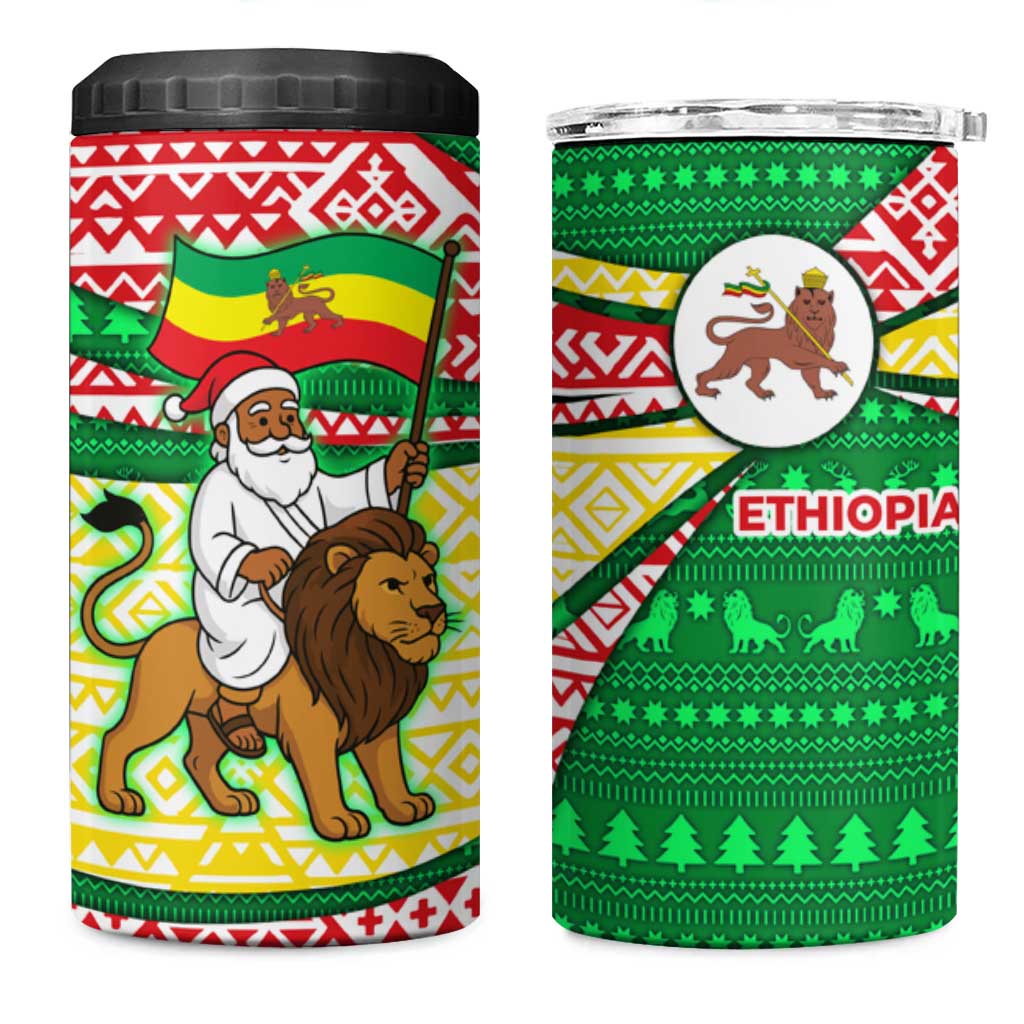 Ethiopia Christmas 4 in 1 Can Cooler Tumbler Santa Riding Lion Ethiopian Flag Colors and Tribal - African Pride